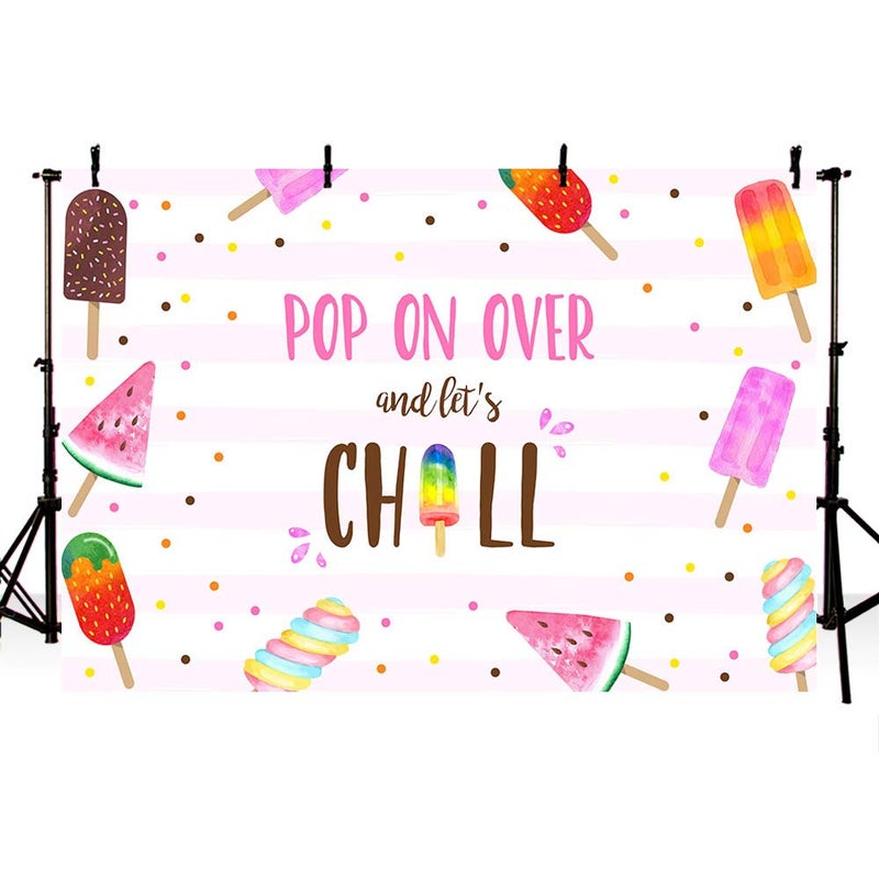 MEHOFOND Summer Popsicle Party Backdrop Pink Pool Pop On Over and Let's Chill Swim Girl Birthday Baby Shower Background Photography Photo Booth Banner for Cake Table Supplies 7x5ft - Image 3